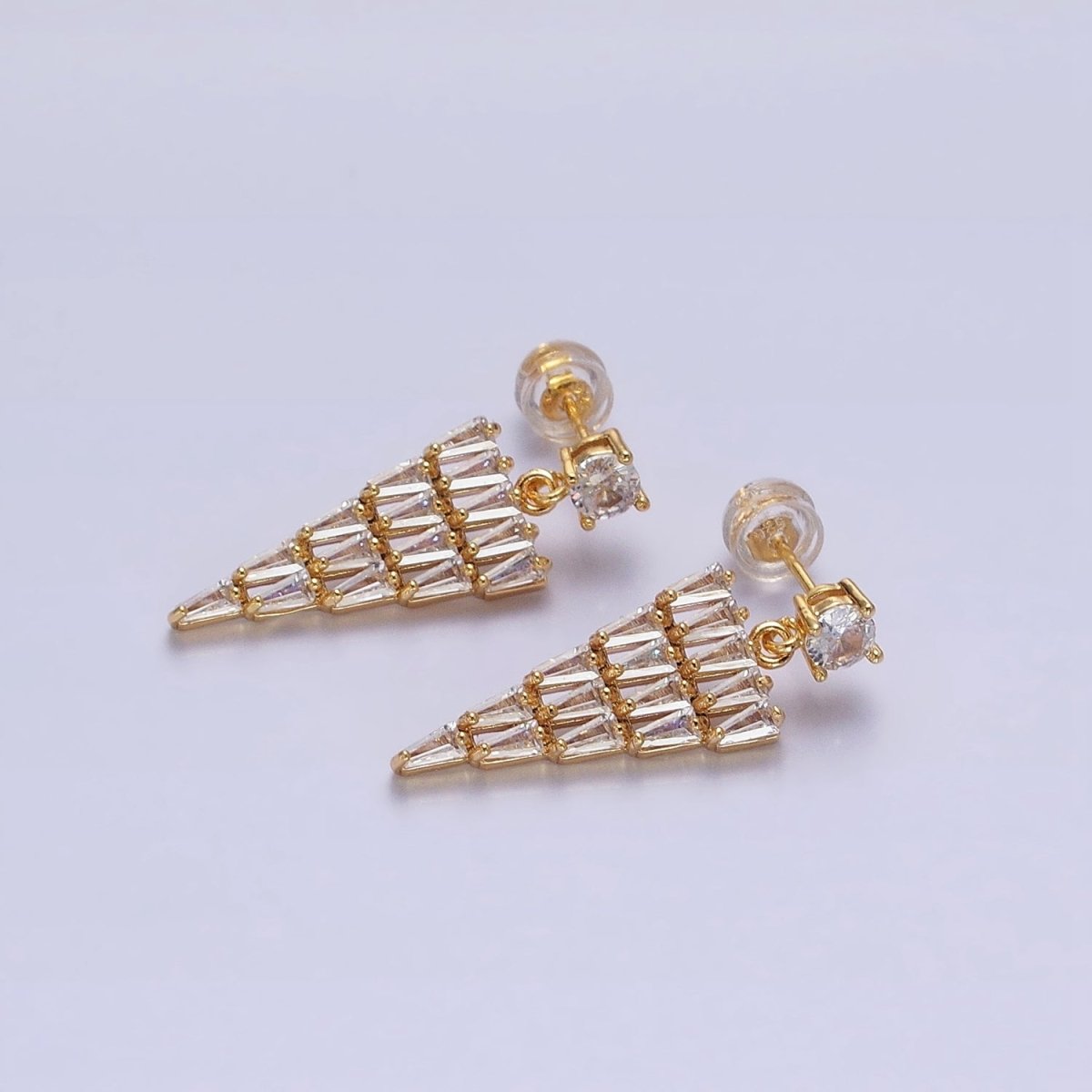 16K Gold plated Triangle Baguette CZ Drop Stud Earrings in Gold & Silver | AB1476 AB1477