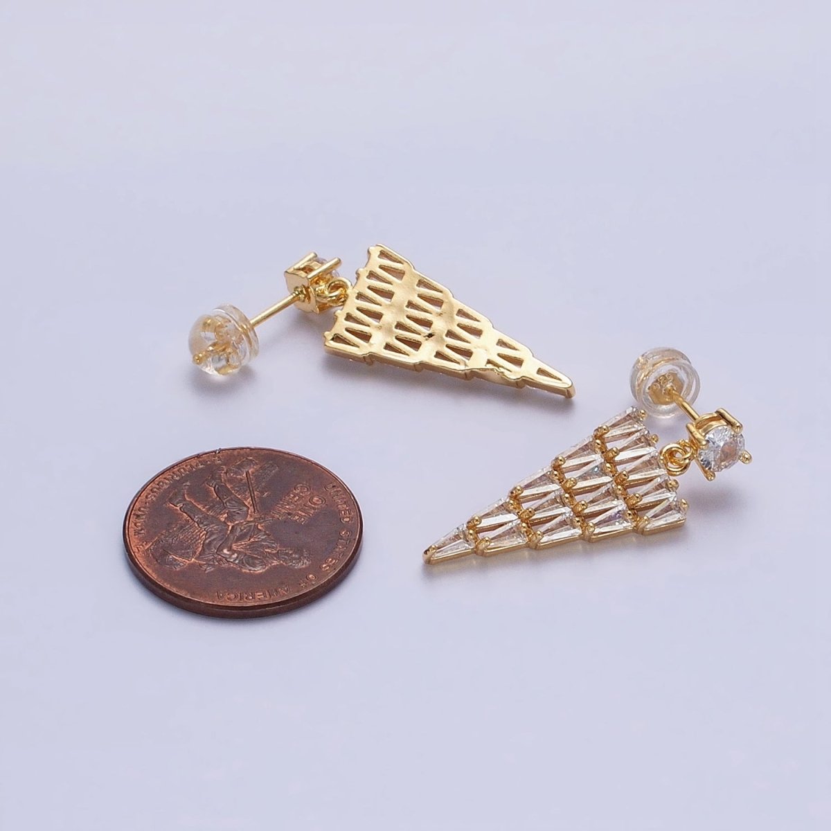 16K Gold plated Triangle Baguette CZ Drop Stud Earrings in Gold & Silver | AB1476 AB1477