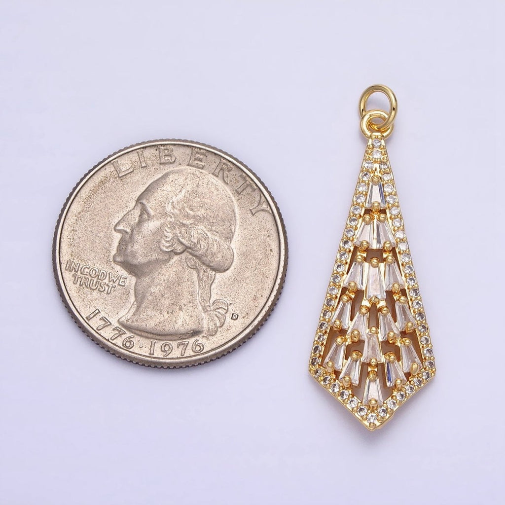 16K Gold plated Triangle Baguette Micro Paved CZ Geometric Arrow Charm in Gold & Silver | AC1229 AC1230