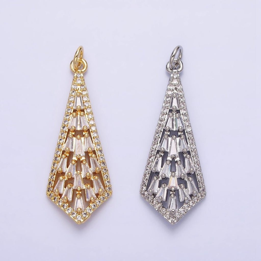 16K Gold plated Triangle Baguette Micro Paved CZ Geometric Arrow Charm in Gold & Silver | AC1229 AC1230