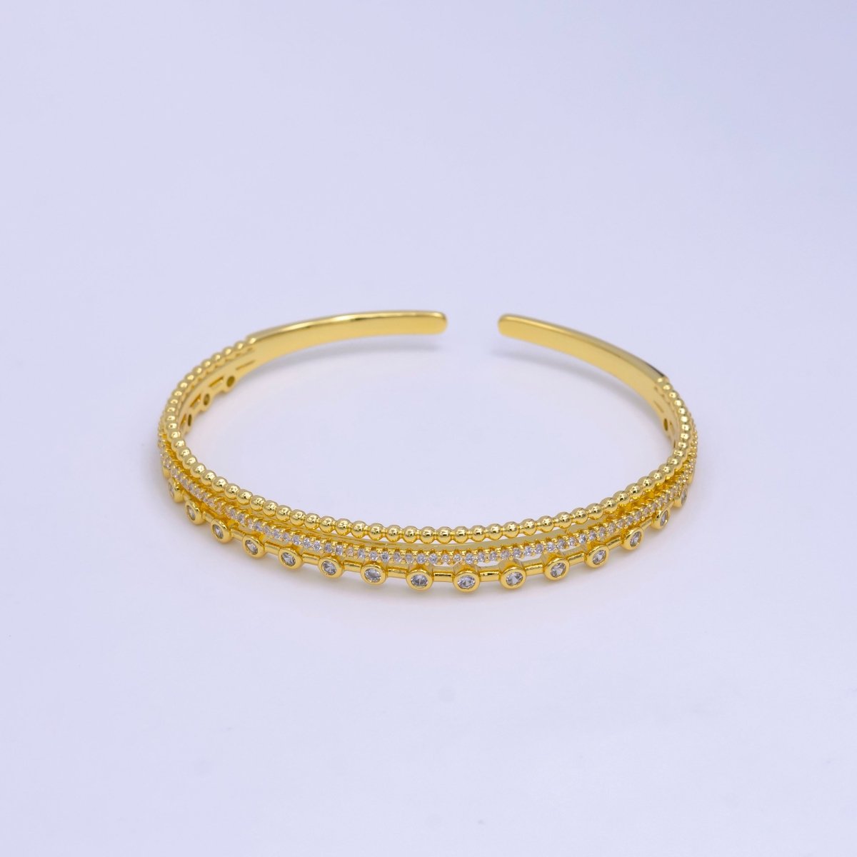 16K Gold plated Triple Band Bubble CZ Micro Paved Cuff Bracelet | WA-2509 - DLUXCA
