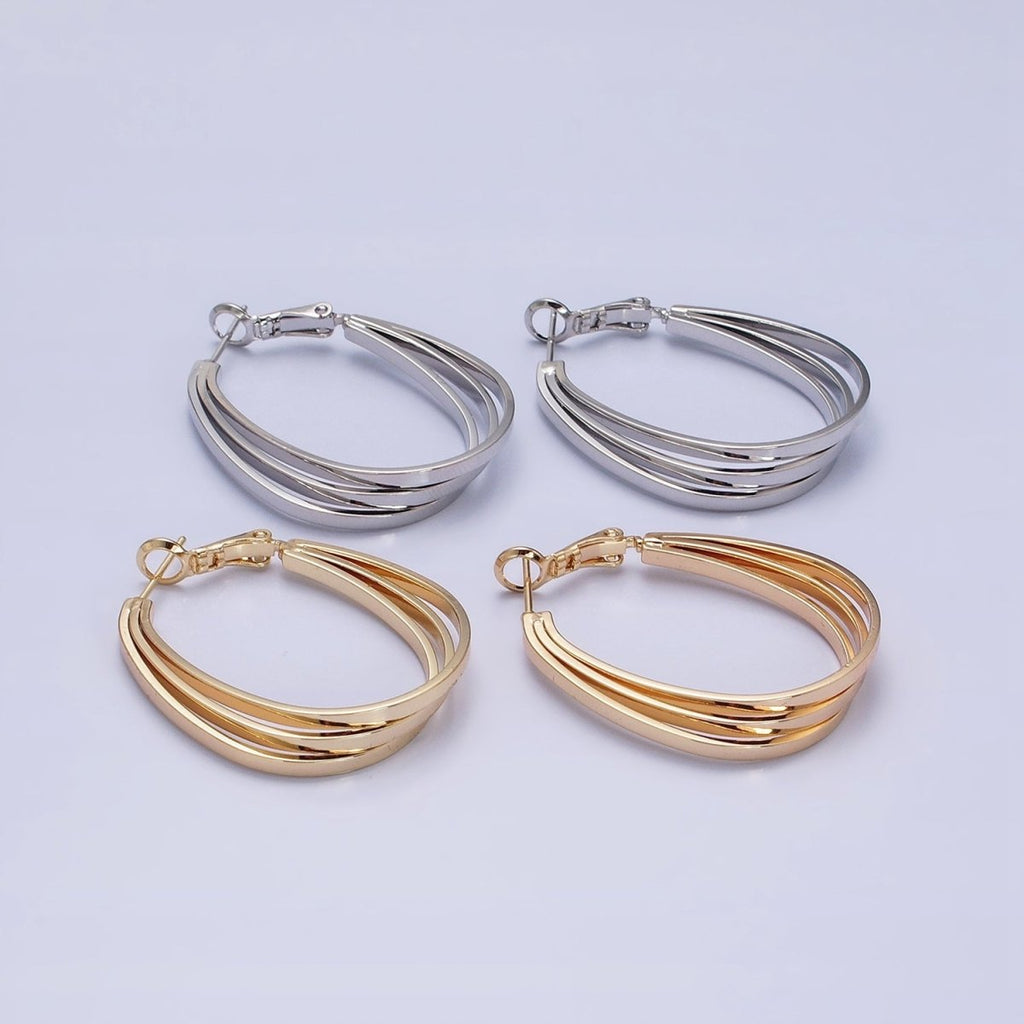 16K Gold plated Triple Bar Oblong Geometric Hinge Hoop Earrings in Gold & Silver | AD879 AD880
