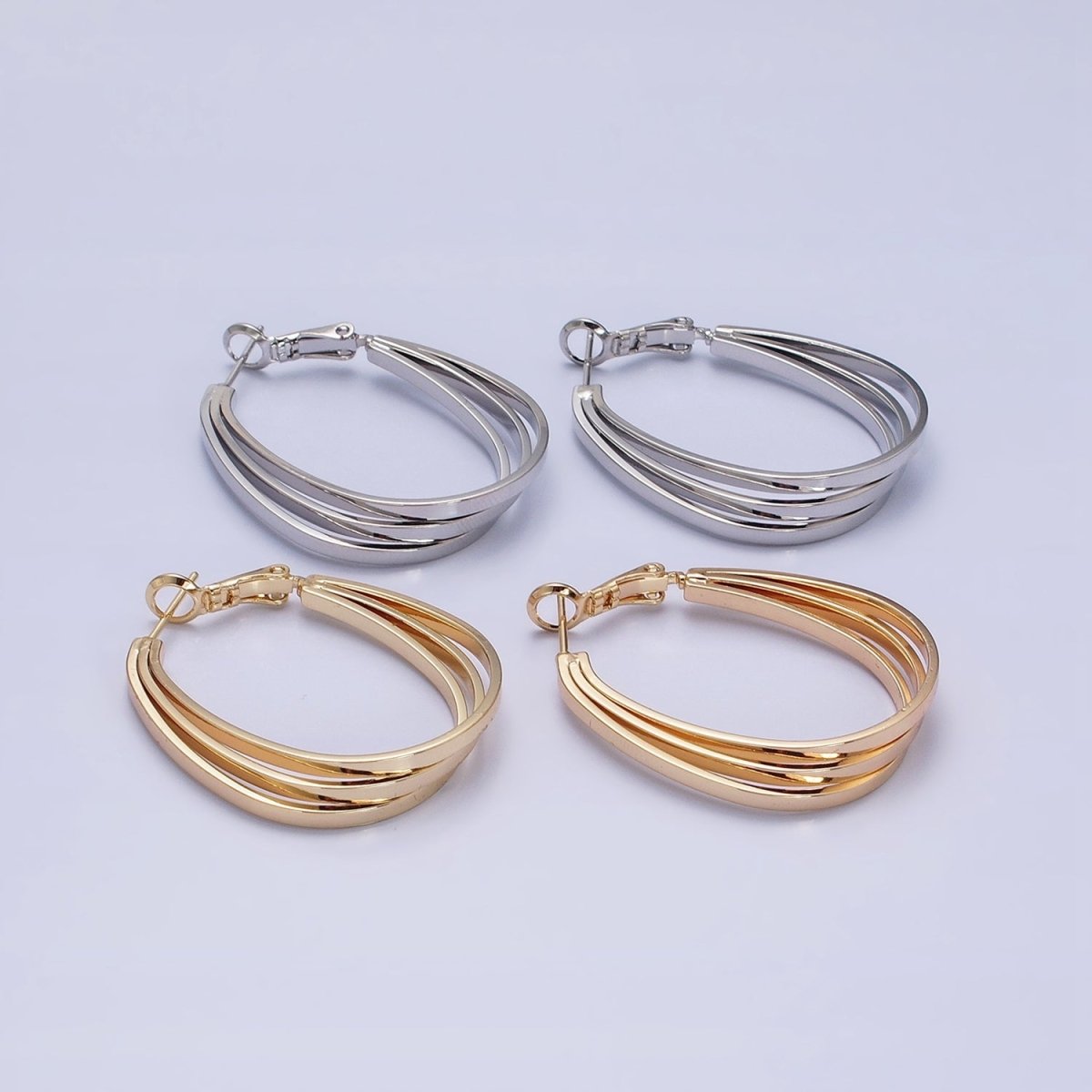 16K Gold plated Triple Bar Oblong Geometric Hinge Hoop Earrings in Gold & Silver | AD879 AD880