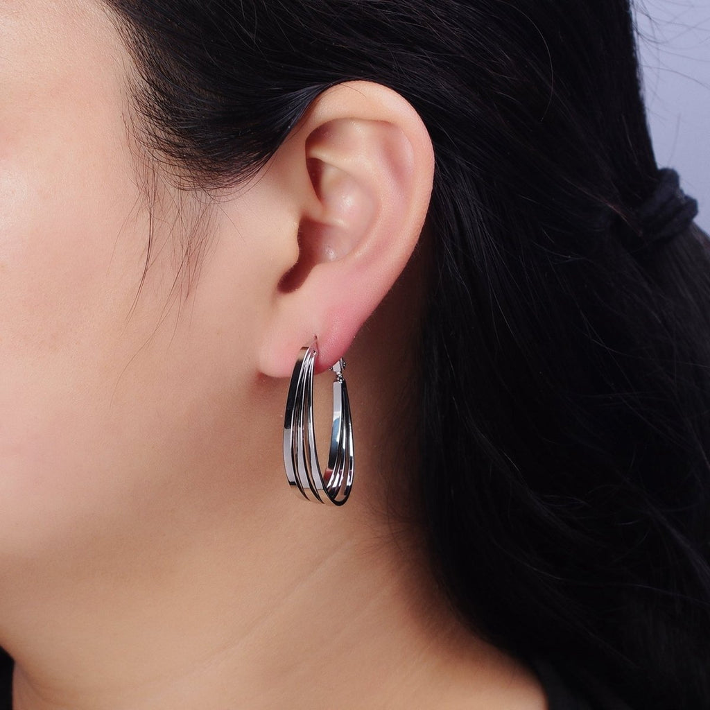 16K Gold plated Triple Bar Oblong Geometric Hinge Hoop Earrings in Gold & Silver | AD879 AD880