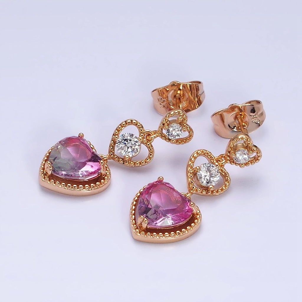 16K Gold plated Triple Beaded Heart Pink Clear CZ Drop Stud Earrings | AD1458 - DLUXCA