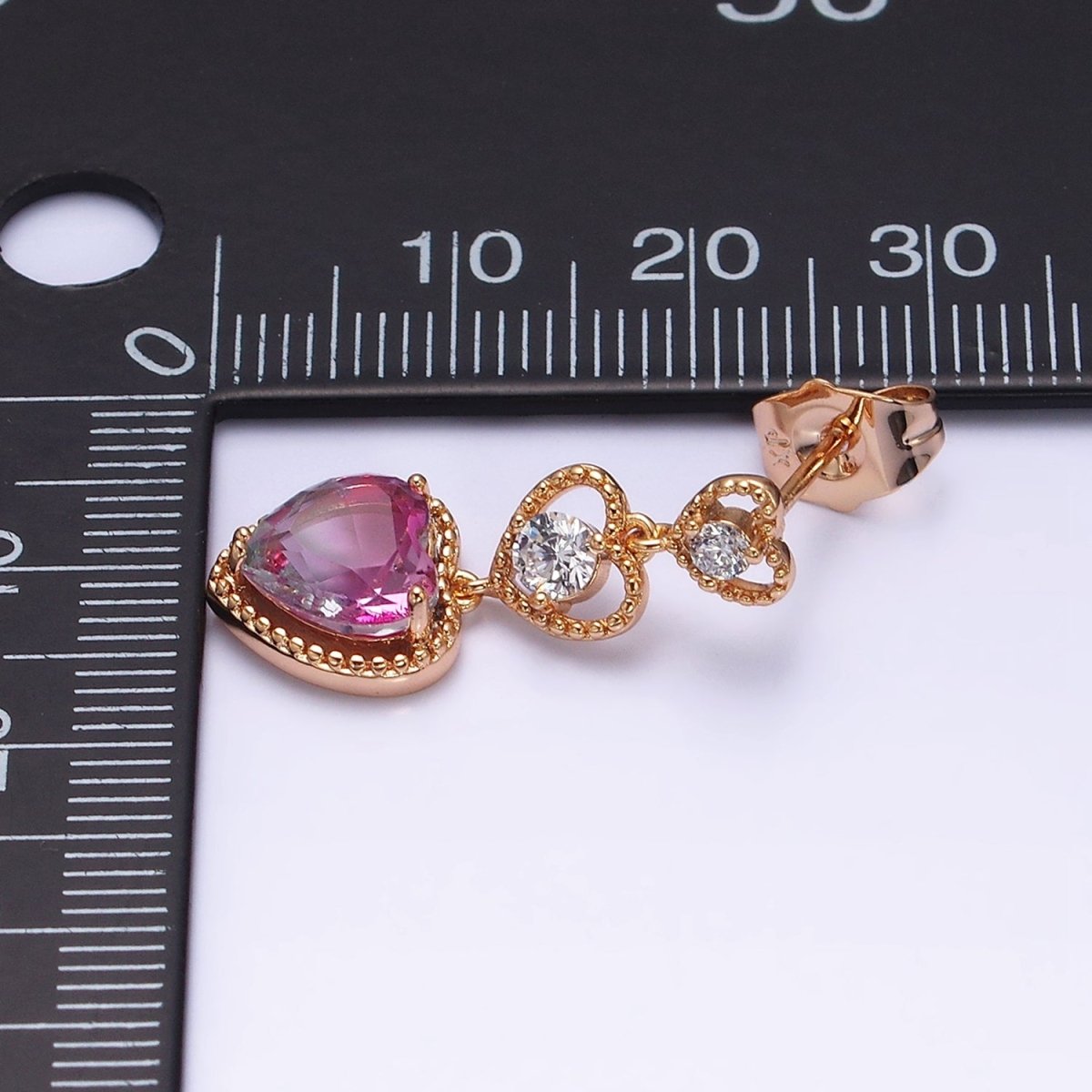 16K Gold plated Triple Beaded Heart Pink Clear CZ Drop Stud Earrings | AD1458 - DLUXCA
