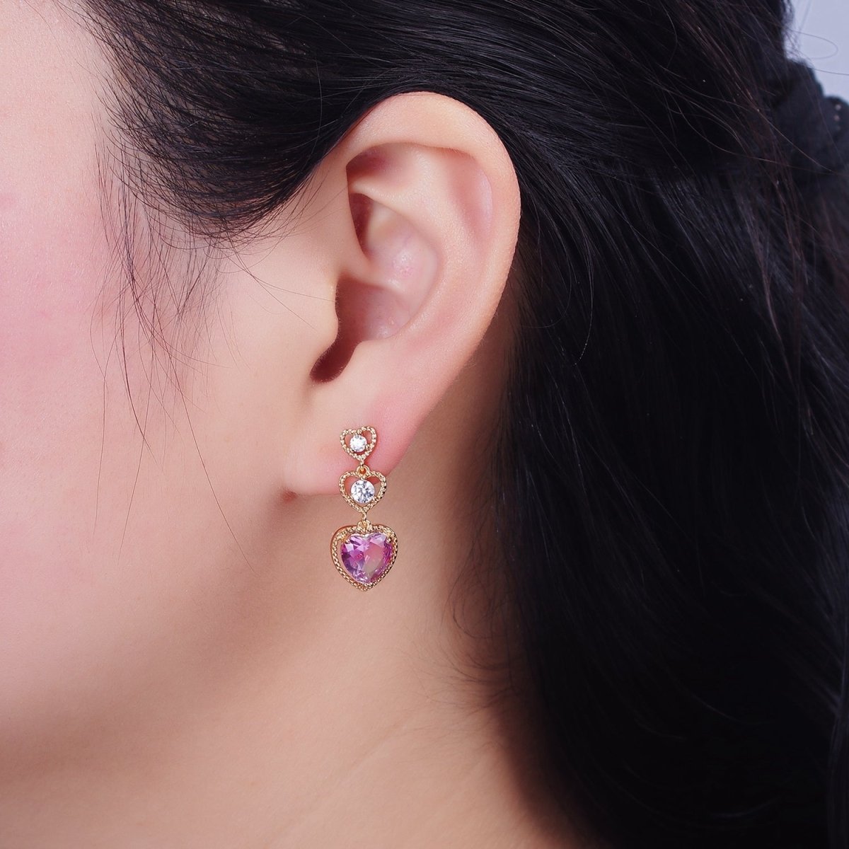 16K Gold plated Triple Beaded Heart Pink Clear CZ Drop Stud Earrings | AD1458 - DLUXCA