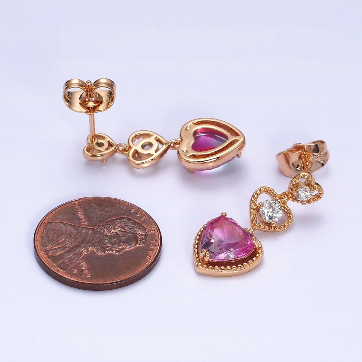 16K Gold plated Triple Beaded Heart Pink Clear CZ Drop Stud Earrings | AD1458 - DLUXCA