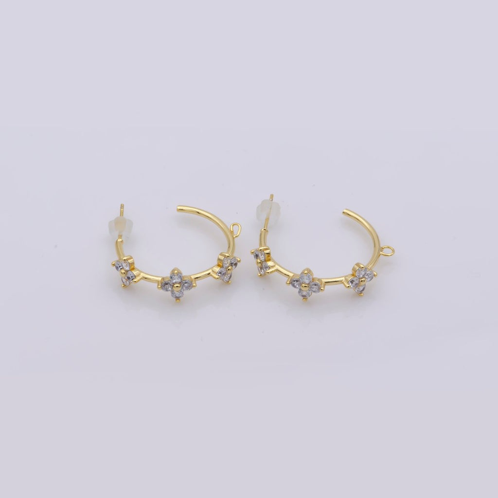 16K Gold plated Triple Flower CZ C - Shaped Open Loop Hoop Drop Earrings Findings | Z826 - DLUXCA