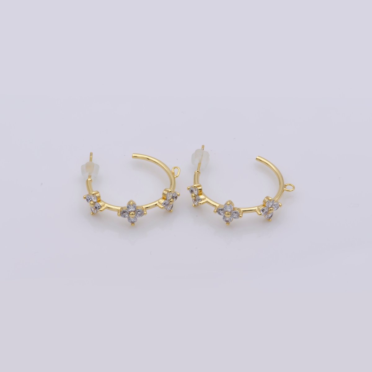 16K Gold plated Triple Flower CZ C - Shaped Open Loop Hoop Drop Earrings Findings | Z826 - DLUXCA