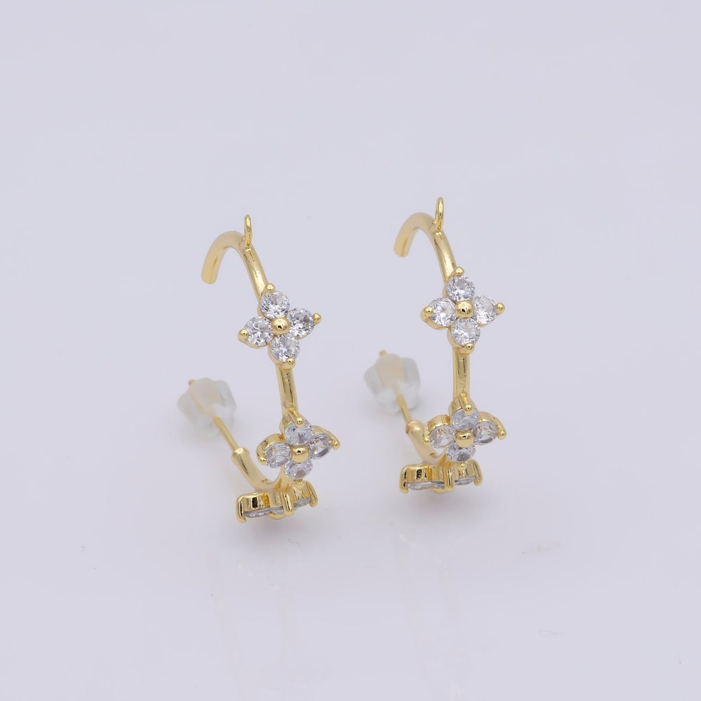 16K Gold plated Triple Flower CZ C - Shaped Open Loop Hoop Drop Earrings Findings | Z826 - DLUXCA