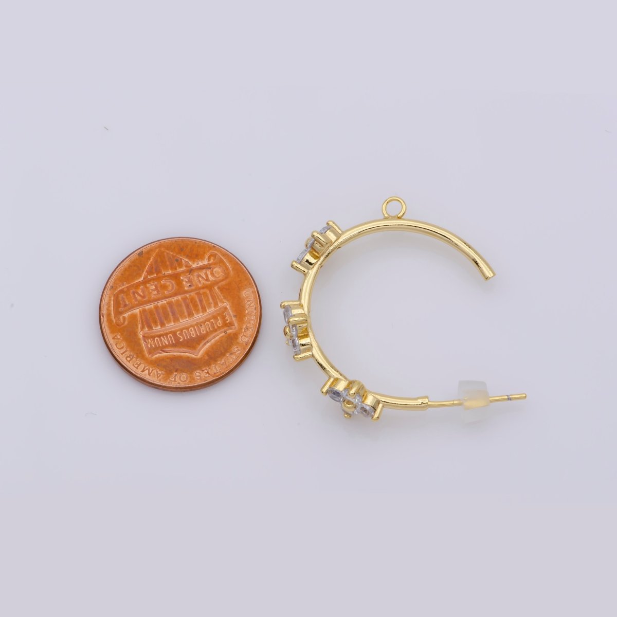 16K Gold plated Triple Flower CZ C - Shaped Open Loop Hoop Drop Earrings Findings | Z826 - DLUXCA