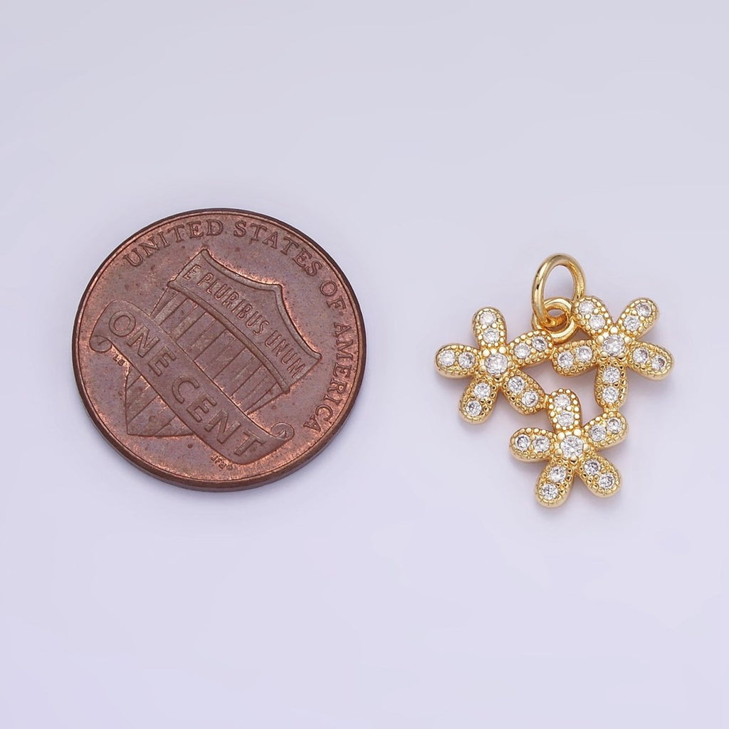 16K Gold plated Triple Flower Micro Paved CZ Charm | C298 - DLUXCA