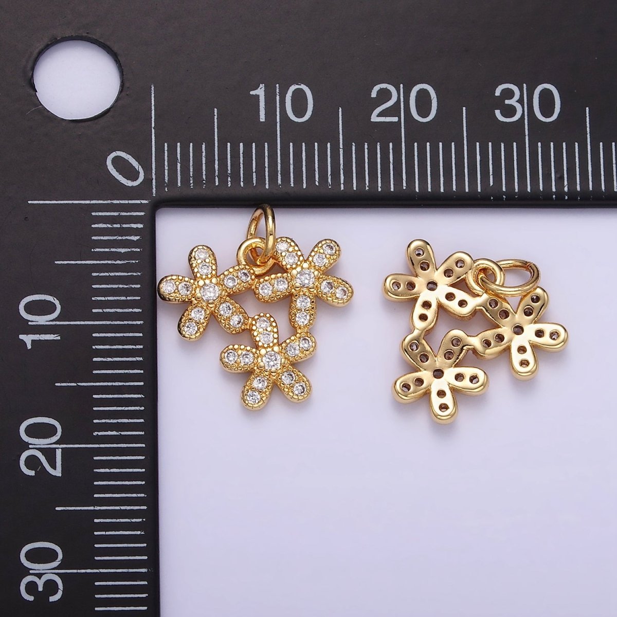 16K Gold plated Triple Flower Micro Paved CZ Charm | C298 - DLUXCA