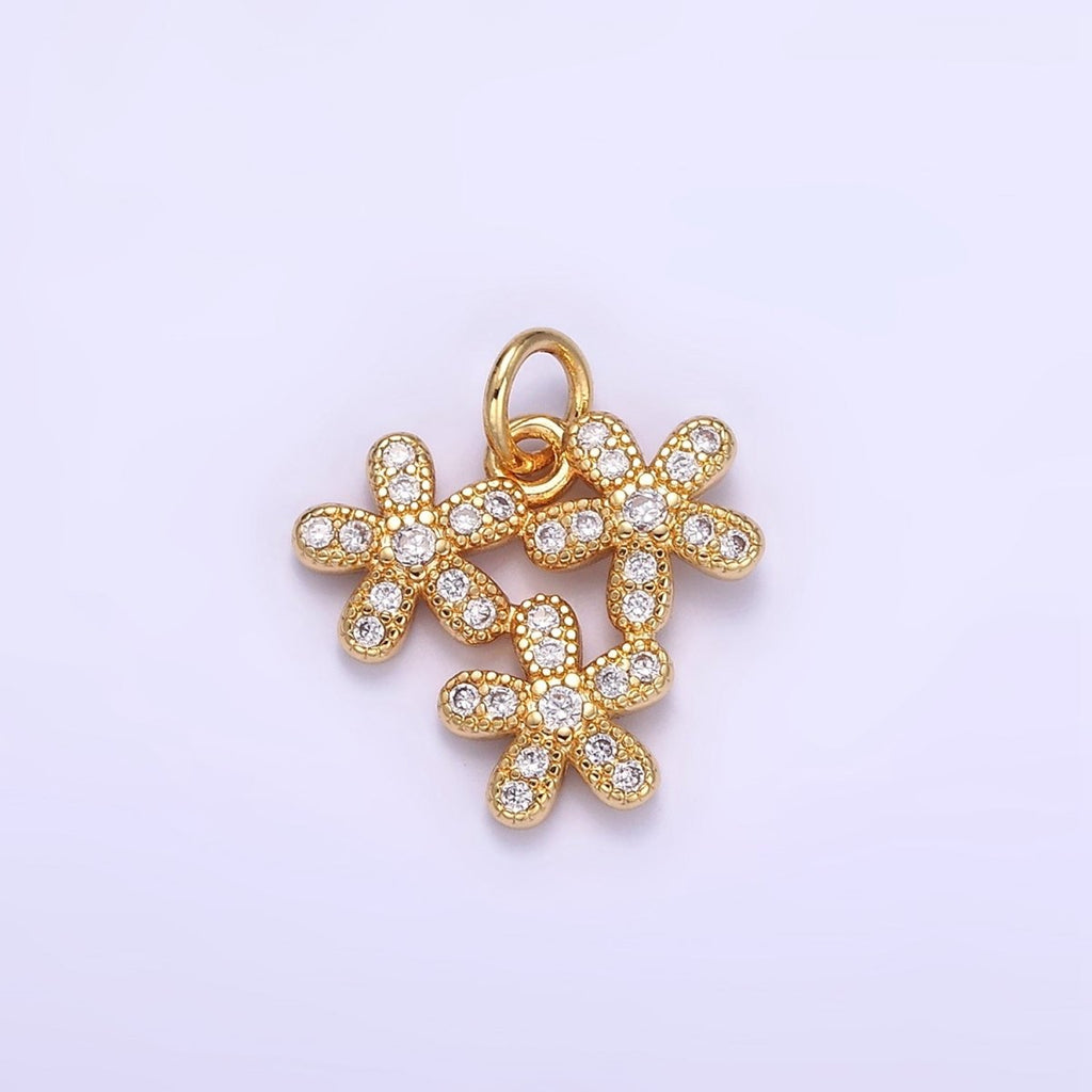 16K Gold plated Triple Flower Micro Paved CZ Charm | C298 - DLUXCA