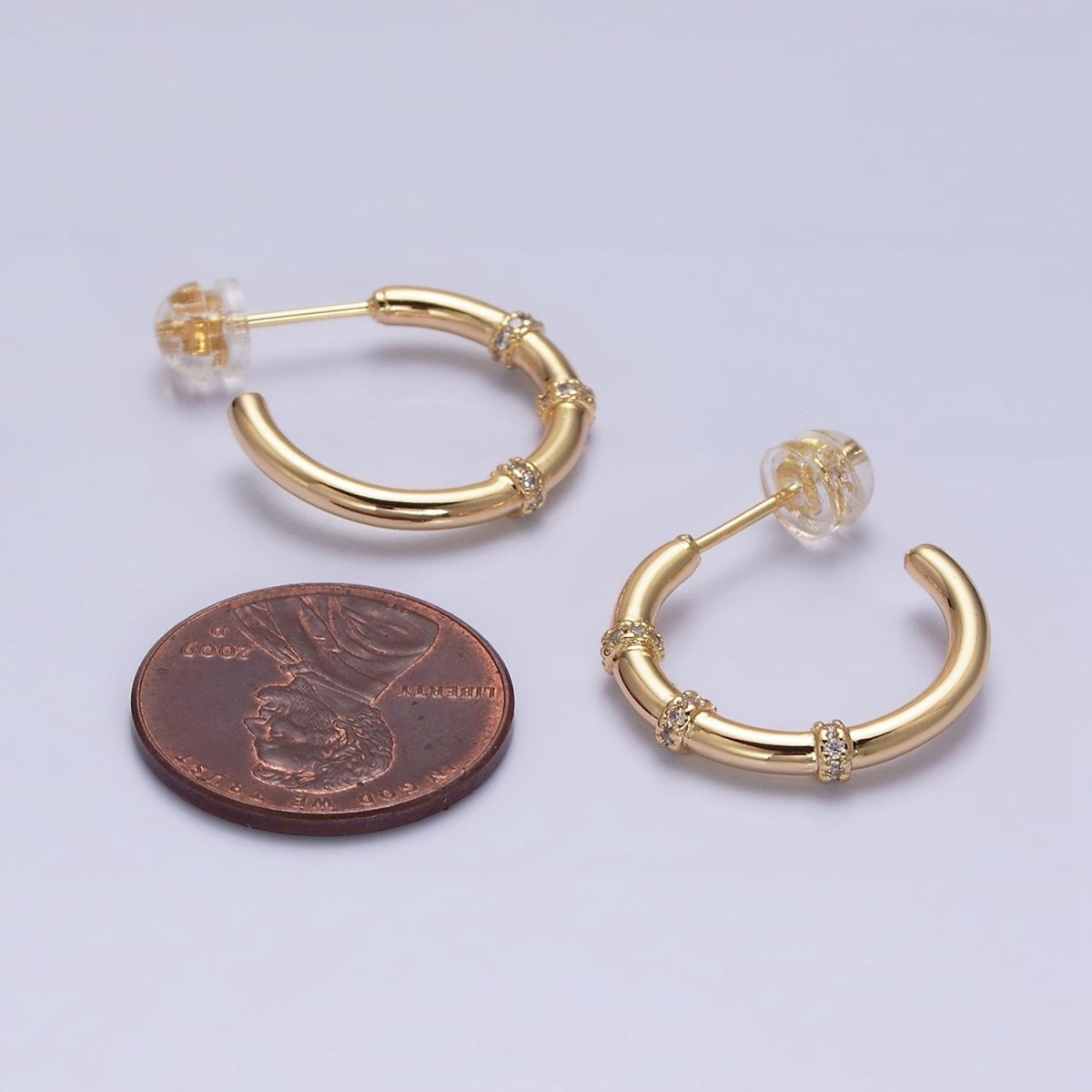 16K Gold plated Triple Micro Paved CZ Lined C-Shaped Hoop Earrings in Gold & Silver | AD1261 AD1262