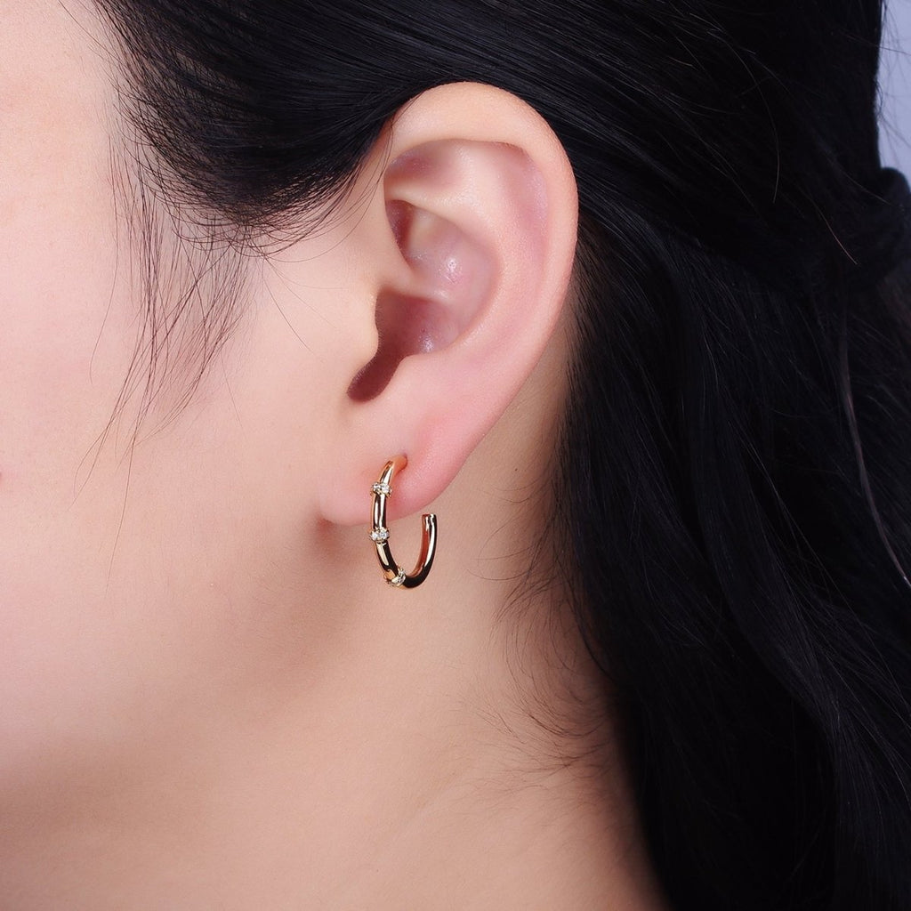 16K Gold plated Triple Micro Paved CZ Lined C-Shaped Hoop Earrings in Gold & Silver | AD1261 AD1262