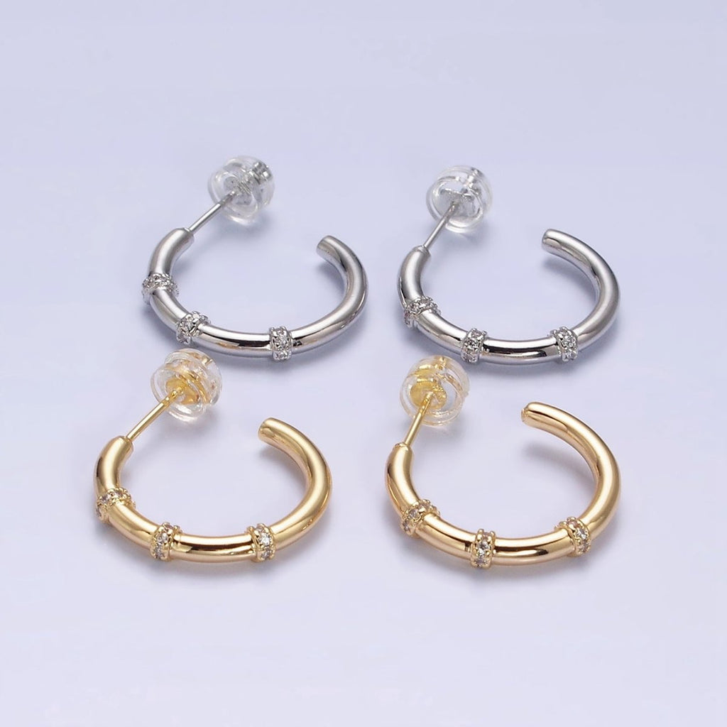 16K Gold plated Triple Micro Paved CZ Lined C-Shaped Hoop Earrings in Gold & Silver | AD1261 AD1262