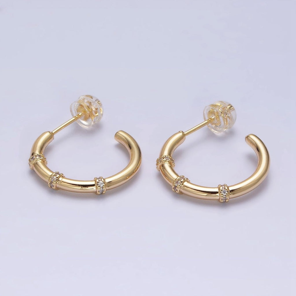 16K Gold plated Triple Micro Paved CZ Lined C-Shaped Hoop Earrings in Gold & Silver | AD1261 AD1262