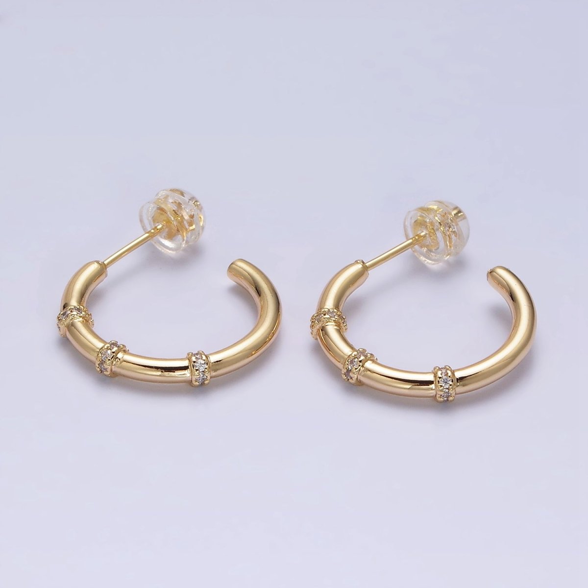 16K Gold plated Triple Micro Paved CZ Lined C-Shaped Hoop Earrings in Gold & Silver | AD1261 AD1262