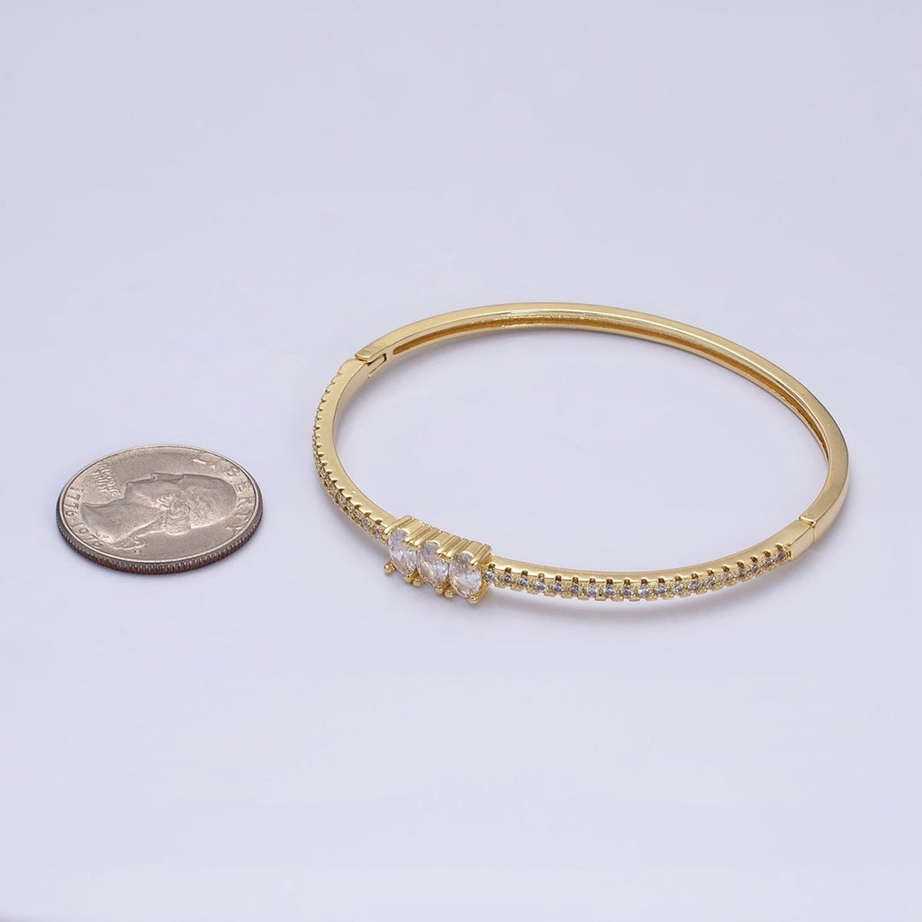 16K Gold plated Triple Oval CZ Micro Paved CZ Stackable Hinge Bangle Bracelet | WA-1756 Clearance Pricing - DLUXCA