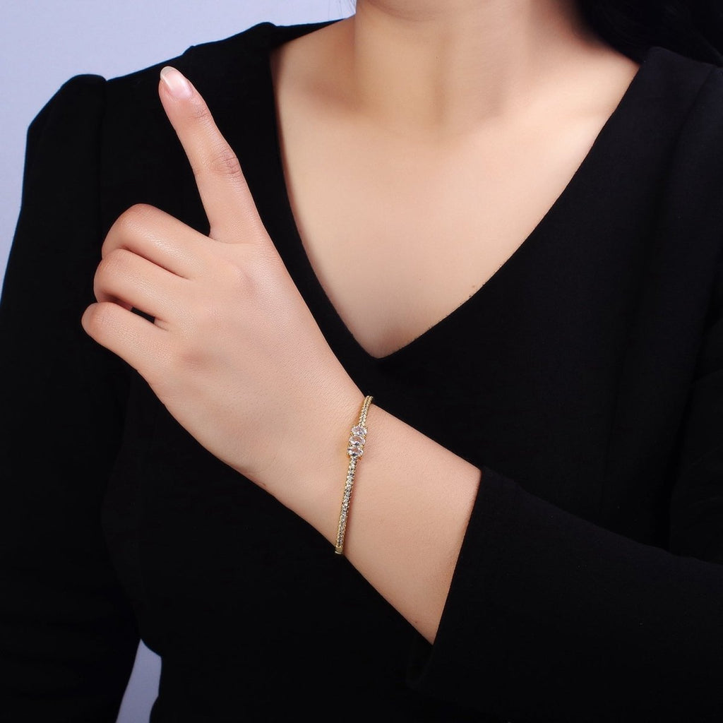 16K Gold plated Triple Oval CZ Micro Paved CZ Stackable Hinge Bangle Bracelet | WA-1756 Clearance Pricing - DLUXCA