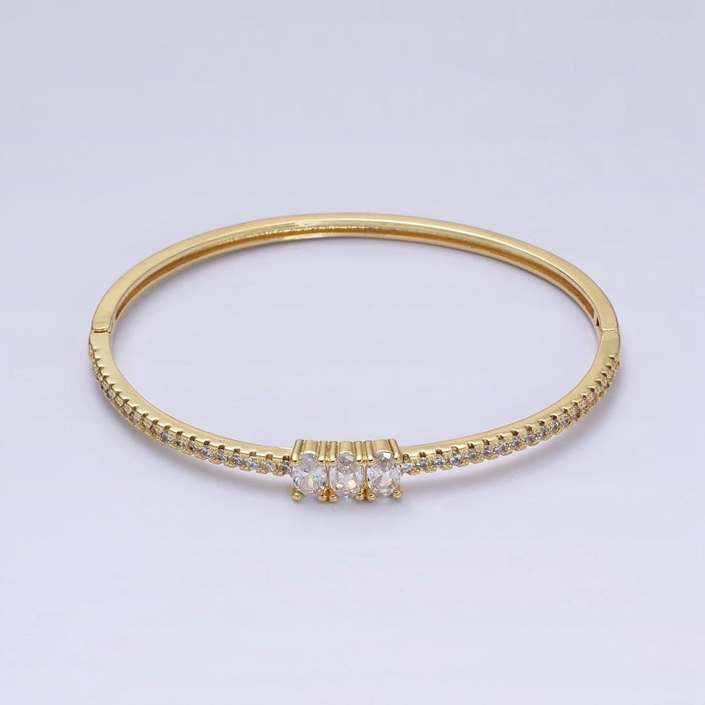 16K Gold plated Triple Oval CZ Micro Paved CZ Stackable Hinge Bangle Bracelet | WA-1756 Clearance Pricing - DLUXCA