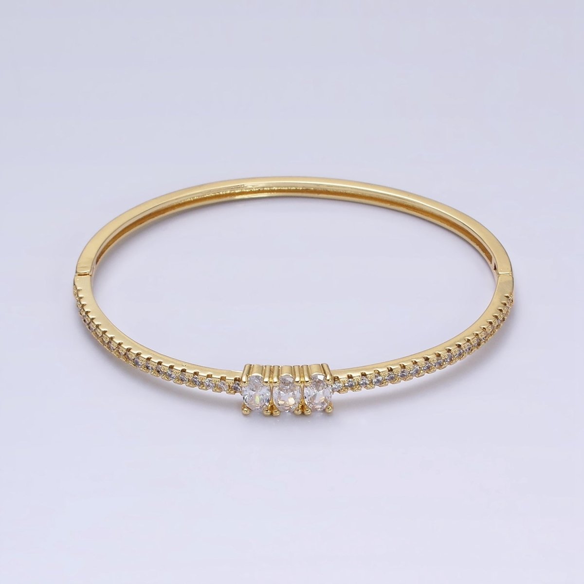 16K Gold plated Triple Oval CZ Micro Paved CZ Stackable Hinge Bangle Bracelet | WA-1756 Clearance Pricing - DLUXCA