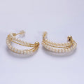 16K Gold plated Triple Pearl Lined Multiple Textured Bar C-Shaped Hoop Earrings | AD946 - DLUXCA