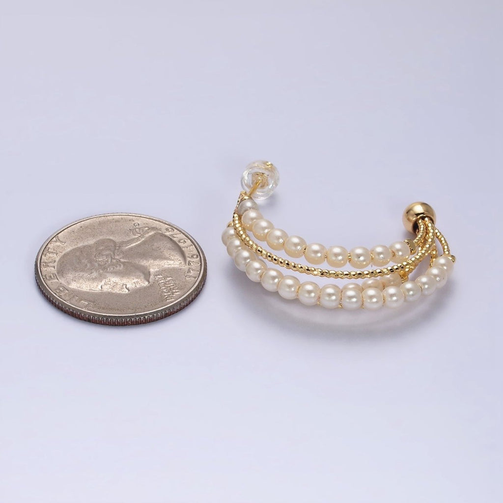 16K Gold plated Triple Pearl Lined Multiple Textured Bar C-Shaped Hoop Earrings | AD946 - DLUXCA