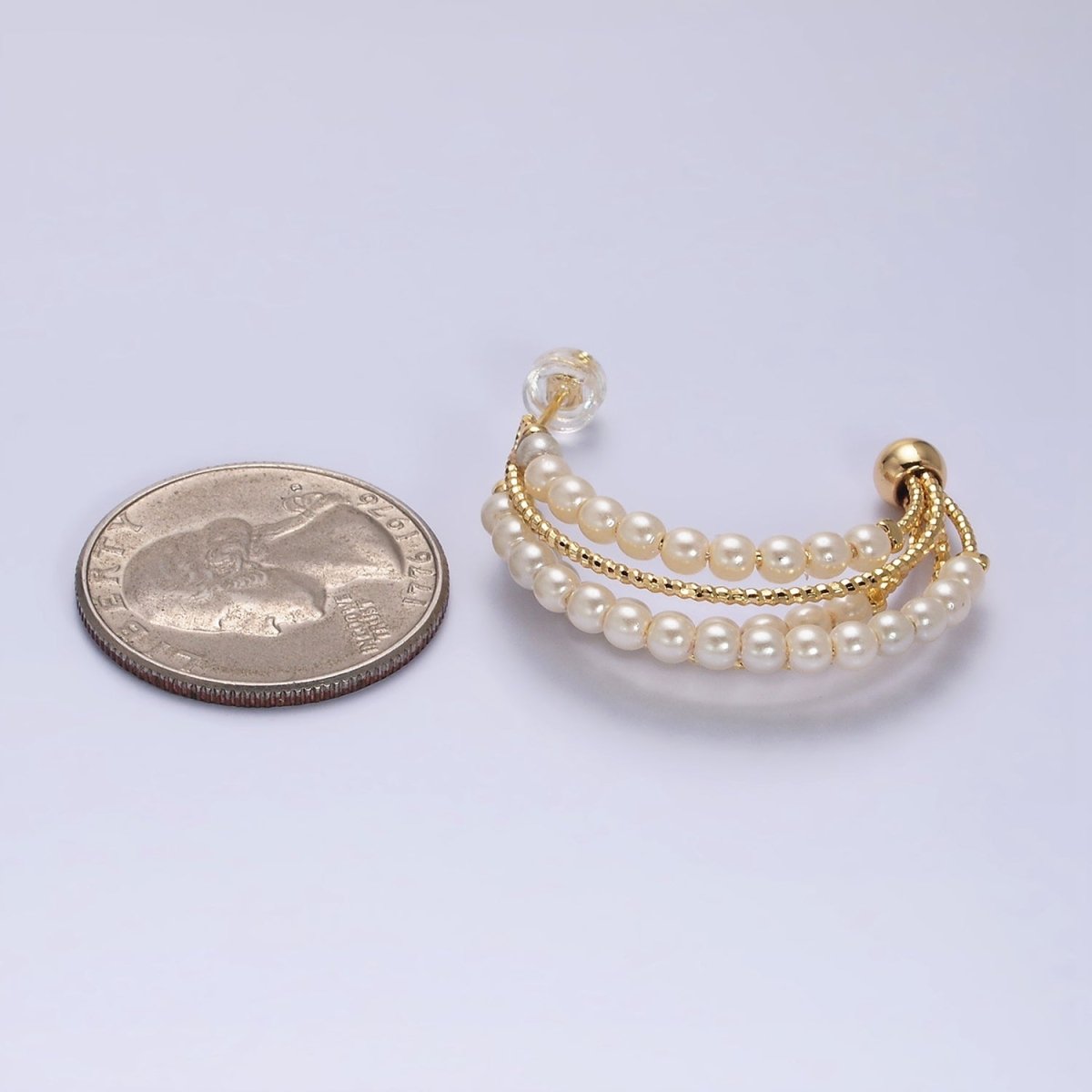 16K Gold plated Triple Pearl Lined Multiple Textured Bar C-Shaped Hoop Earrings | AD946 - DLUXCA