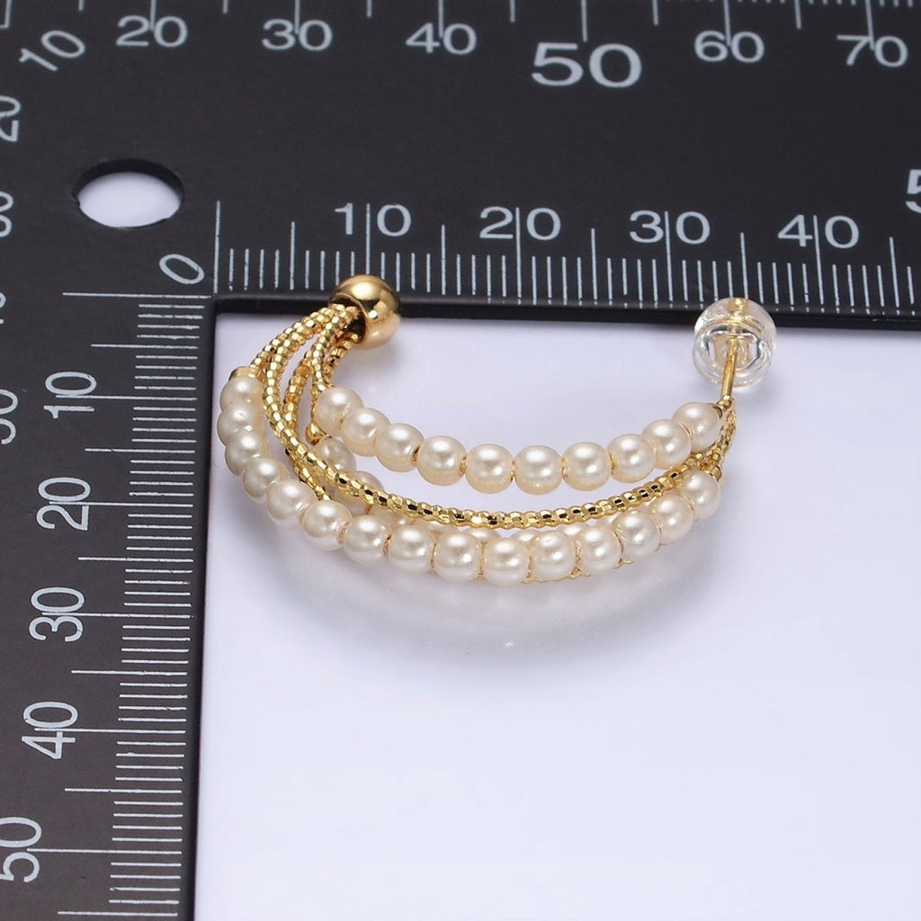 16K Gold plated Triple Pearl Lined Multiple Textured Bar C-Shaped Hoop Earrings | AD946 - DLUXCA