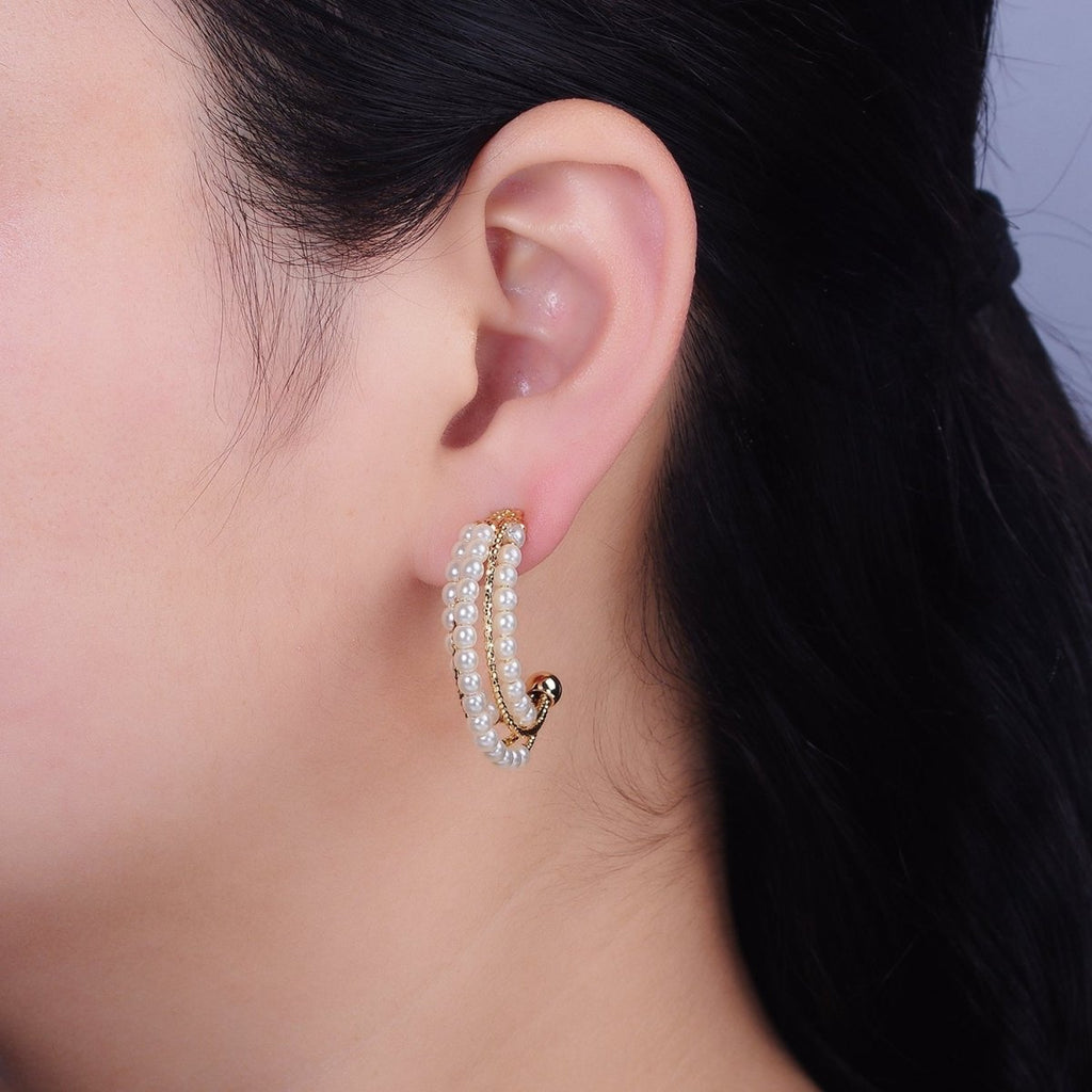 16K Gold plated Triple Pearl Lined Multiple Textured Bar C-Shaped Hoop Earrings | AD946 - DLUXCA