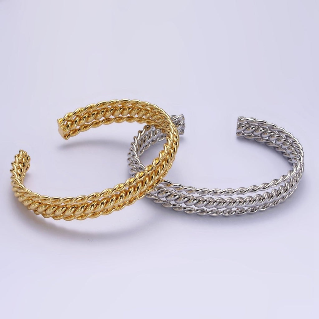 16K Gold plated Triple Twisted Rope Cuff Bangle Bracelet in Gold & Silver | WA-1918 WA-1919 Clearance Pricing - DLUXCA