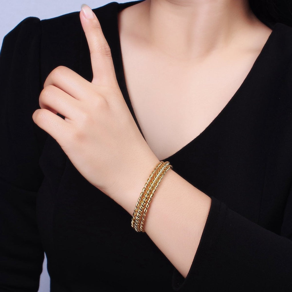 16K Gold plated Triple Twisted Rope Cuff Bangle Bracelet in Gold & Silver | WA-1918 WA-1919 Clearance Pricing - DLUXCA