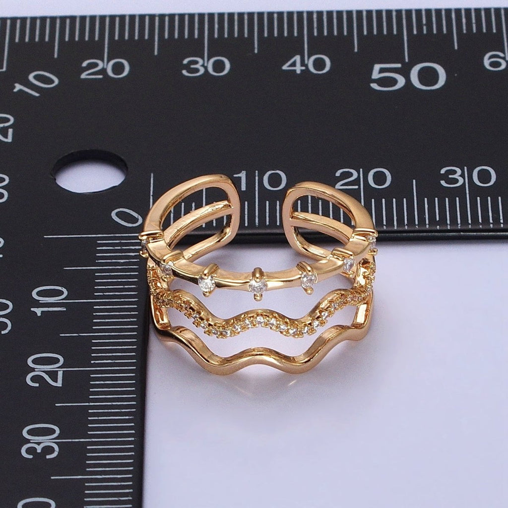 16K Gold plated Triple Wavy Micro Paved CZ Dotted Band Ring in Gold & Silver | O1795