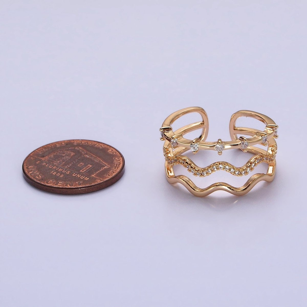16K Gold plated Triple Wavy Micro Paved CZ Dotted Band Ring in Gold & Silver | O1795
