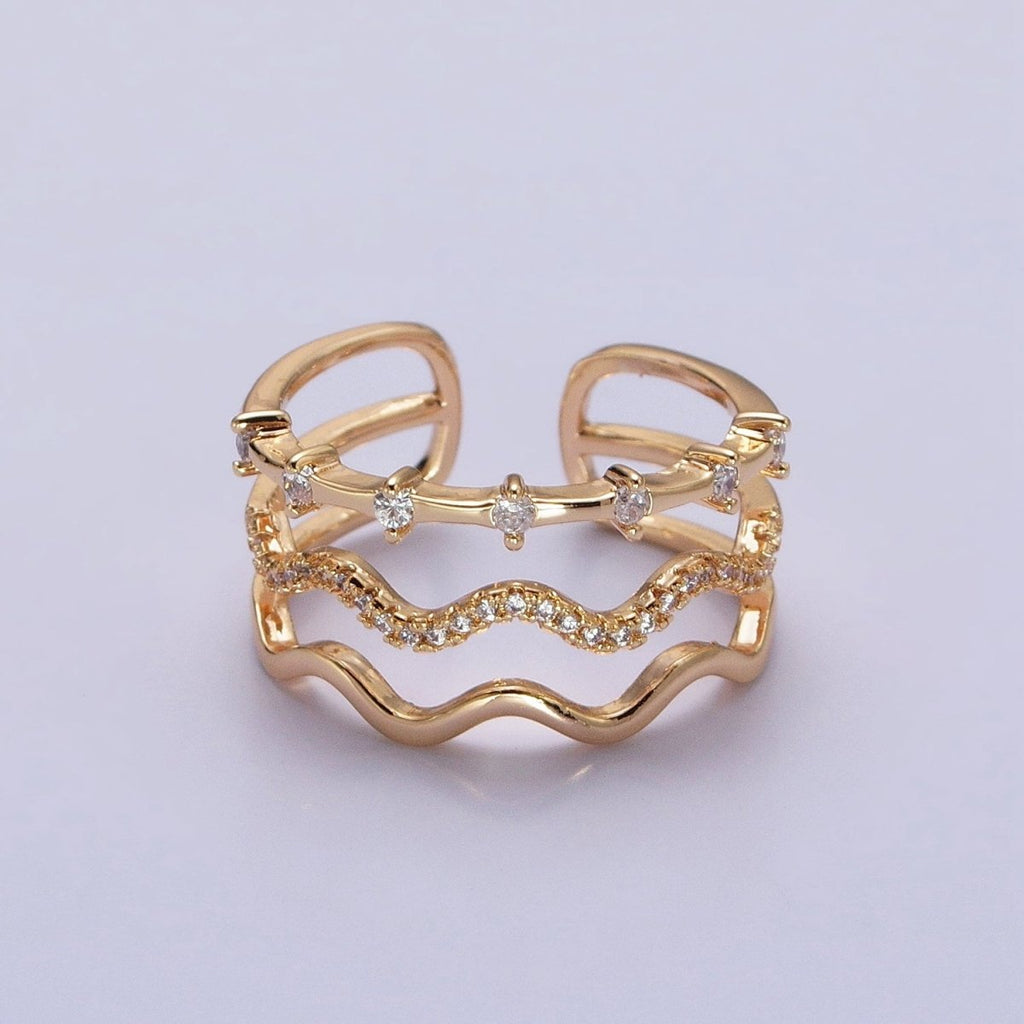 16K Gold plated Triple Wavy Micro Paved CZ Dotted Band Ring in Gold & Silver | O1795