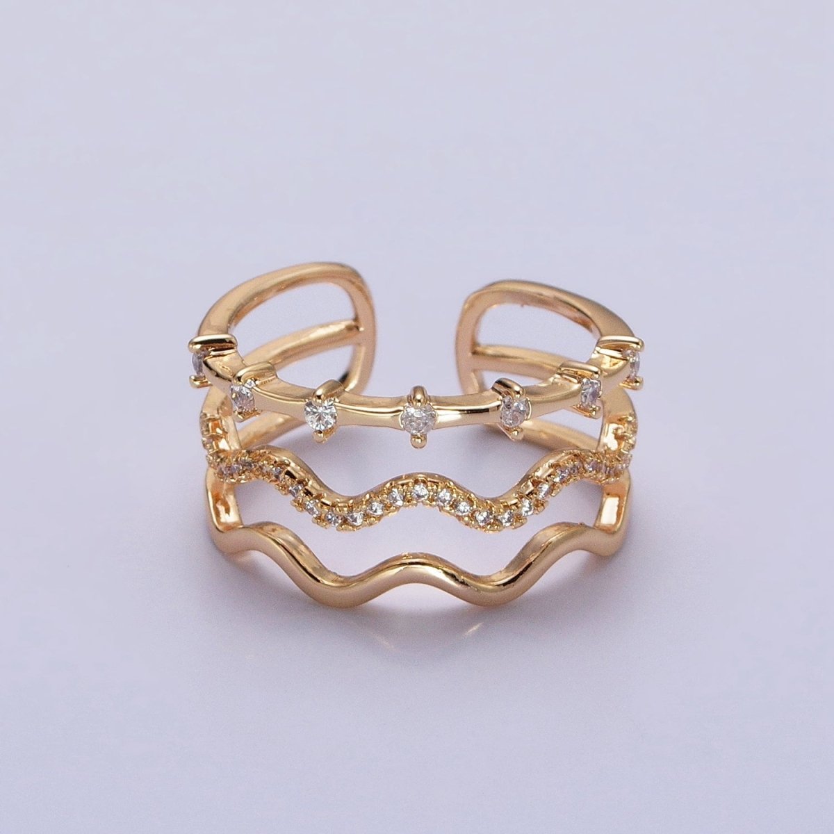 16K Gold plated Triple Wavy Micro Paved CZ Dotted Band Ring in Gold & Silver | O1795