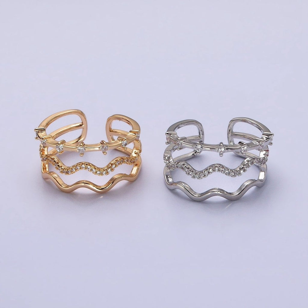 16K Gold plated Triple Wavy Micro Paved CZ Dotted Band Ring in Gold & Silver | O1795