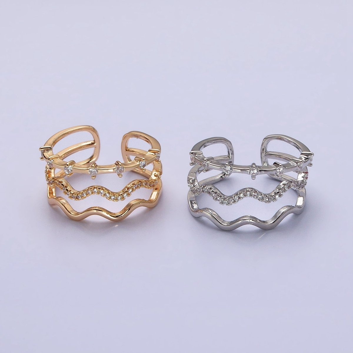 16K Gold plated Triple Wavy Micro Paved CZ Dotted Band Ring in Gold & Silver | O1795
