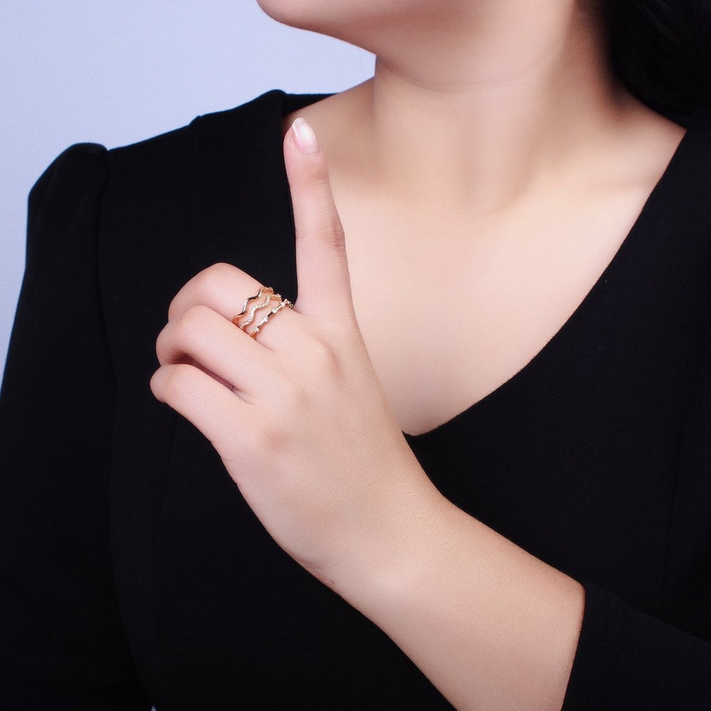 16K Gold plated Triple Wavy Micro Paved CZ Dotted Band Ring in Gold & Silver | O1795