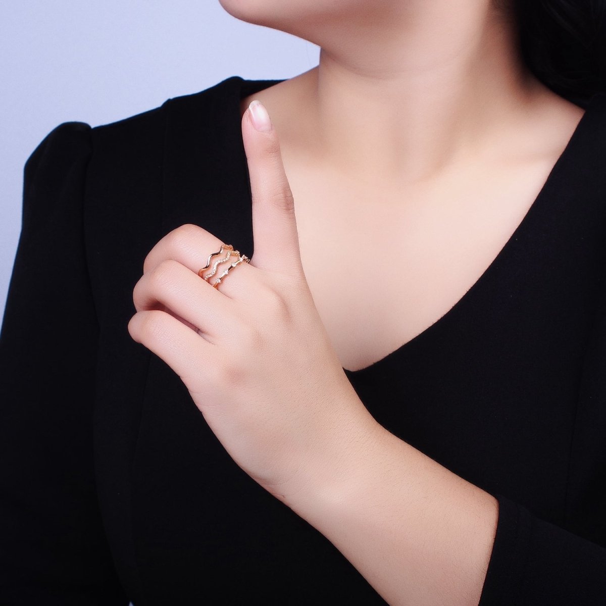16K Gold plated Triple Wavy Micro Paved CZ Dotted Band Ring in Gold & Silver | O1795