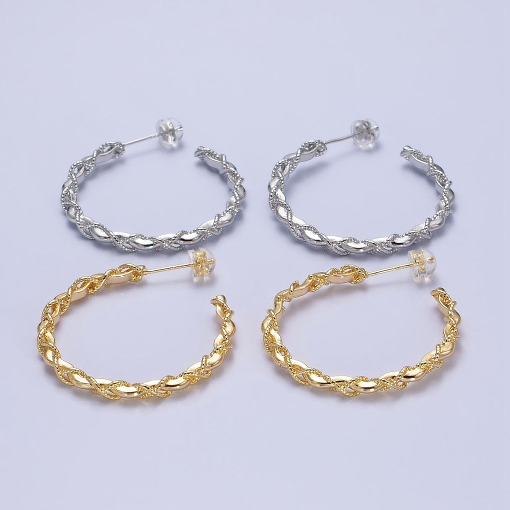 16K Gold plated Twisted Rope Wavy Geometric C-Shaped Hoops in Gold & Silver | AB735 AB736 - DLUXCA