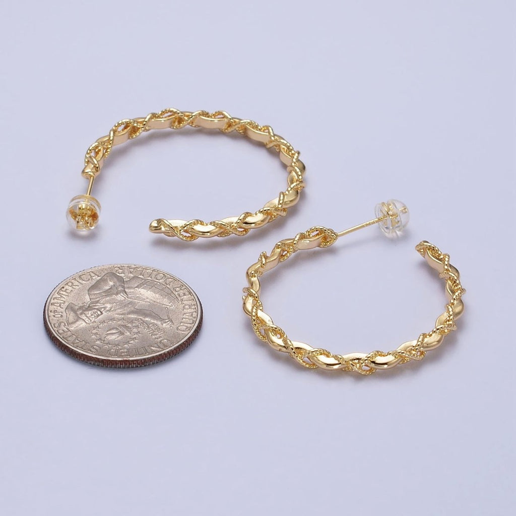 16K Gold plated Twisted Rope Wavy Geometric C-Shaped Hoops in Gold & Silver | AB735 AB736 - DLUXCA