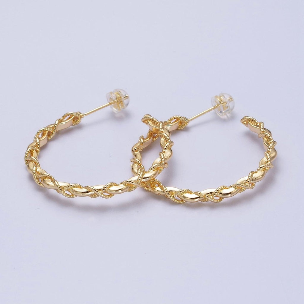 16K Gold plated Twisted Rope Wavy Geometric C-Shaped Hoops in Gold & Silver | AB735 AB736 - DLUXCA