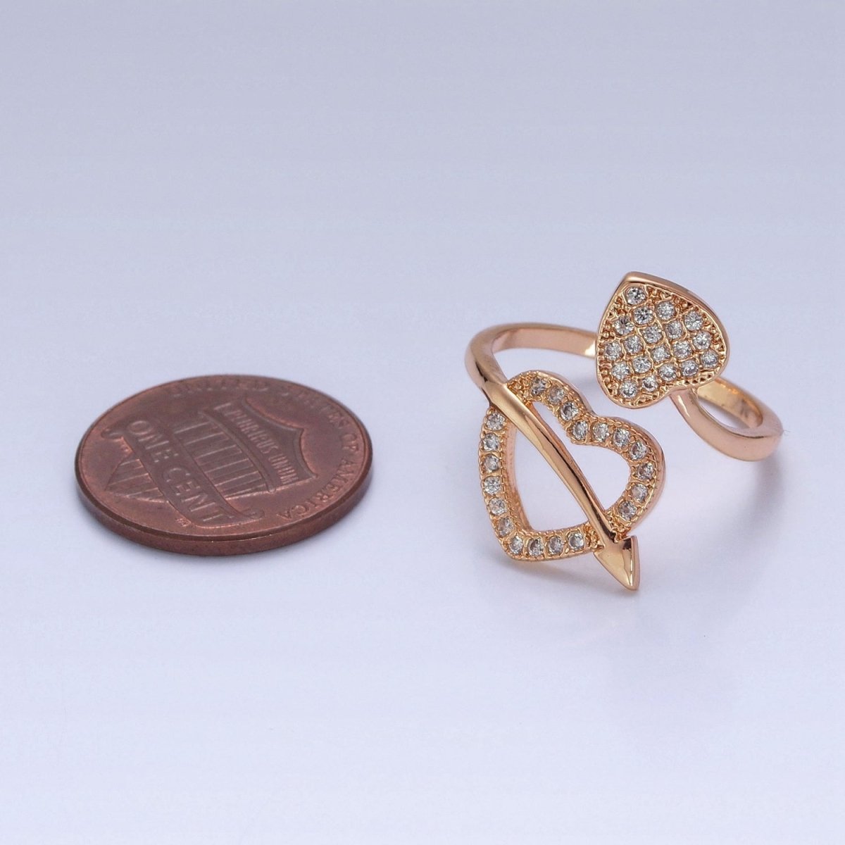 16K Gold plated Two Micro Pave CZ Hearts with Arrow Open Adjustable Ring S-233 - DLUXCA