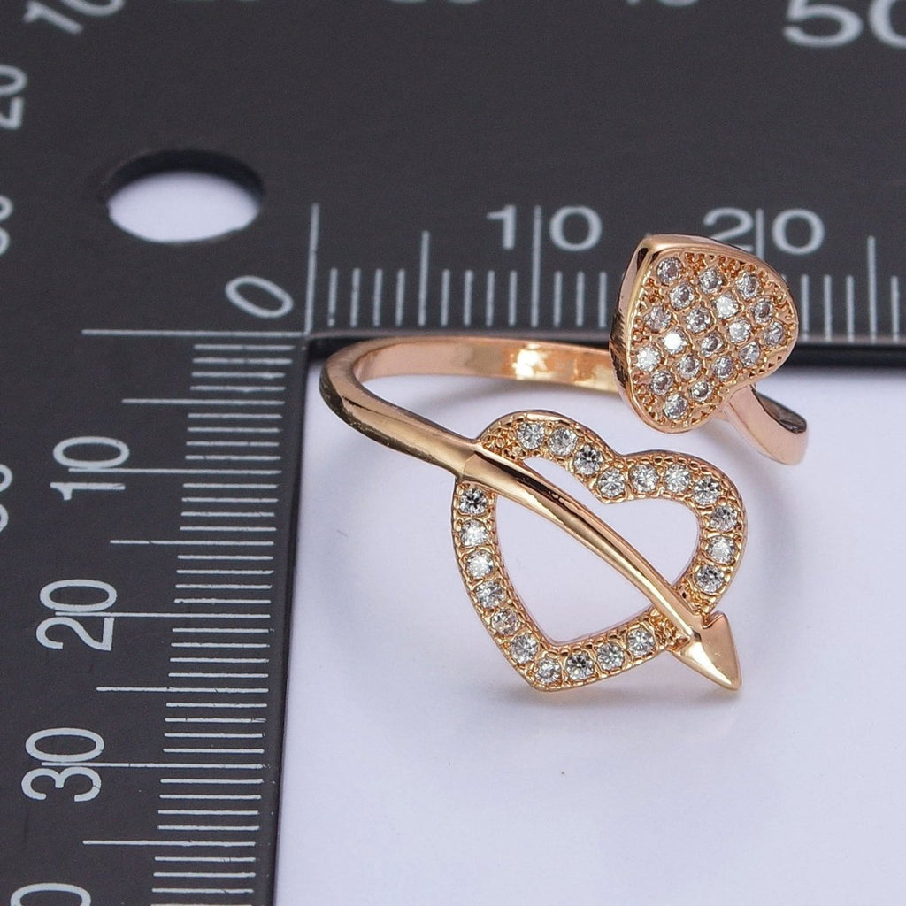 16K Gold plated Two Micro Pave CZ Hearts with Arrow Open Adjustable Ring S-233 - DLUXCA