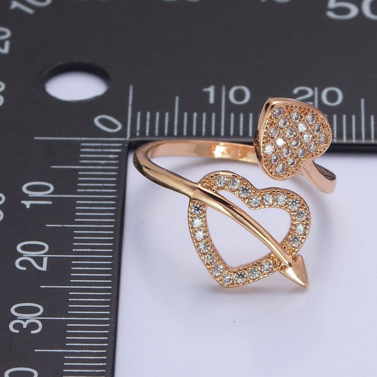 16K Gold plated Two Micro Pave CZ Hearts with Arrow Open Adjustable Ring S-233 - DLUXCA