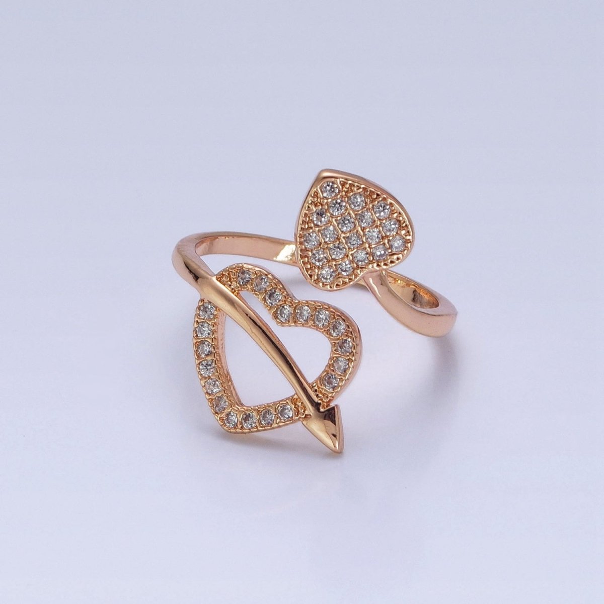 16K Gold plated Two Micro Pave CZ Hearts with Arrow Open Adjustable Ring S-233 - DLUXCA